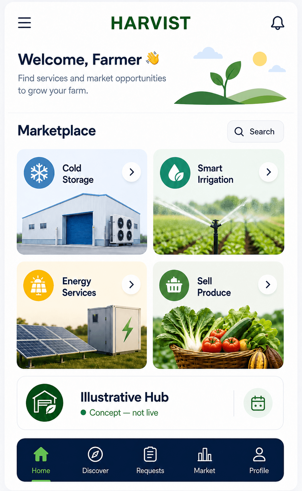 Illustrative, non-live mobile HARVIST marketplace concept showing planned farming services.